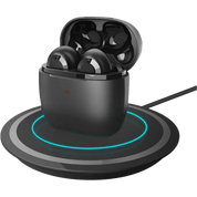 Black wireless earbuds in a charging case on a white background