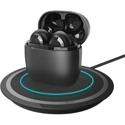 Black wireless earbuds in a charging case on a white background