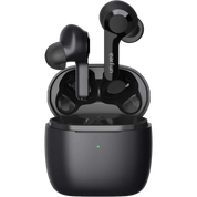 Black wireless earbuds with charging case on a white background
