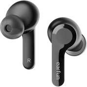 Black wireless earbuds with 'earfun' branding on a white background