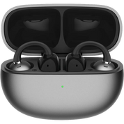 Black wireless earbuds in a charging case on a white background