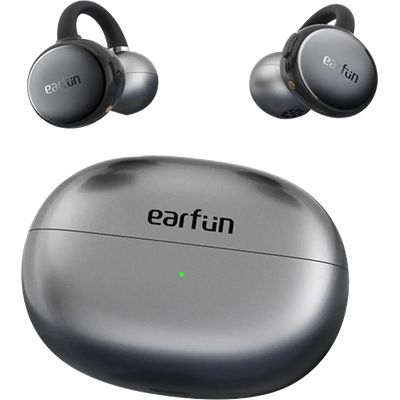 Pair of earfun wireless earbuds with charging case on a white background