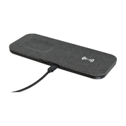 Black wireless charging pad with USB port on a white background