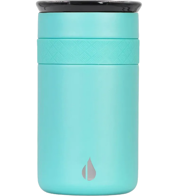 A mint green insulated travel tumbler with a black lid, featuring a textured grip band and a silver water droplet logo near the bottom, set against a plain white background.