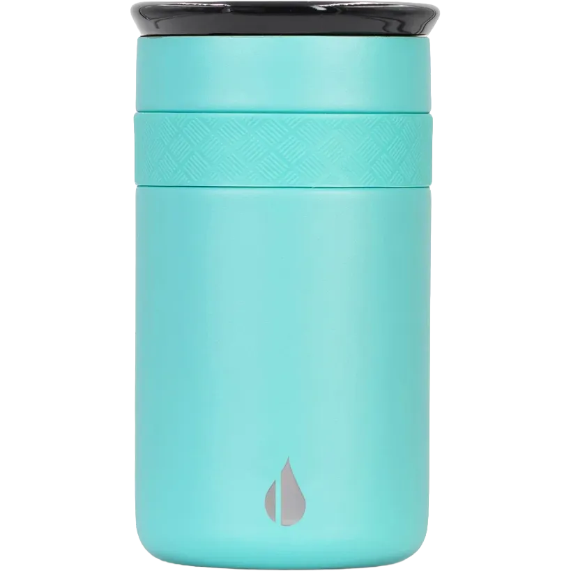 A mint green insulated travel tumbler with a black lid, featuring a textured grip band and a silver water droplet logo near the bottom, set against a plain white background.