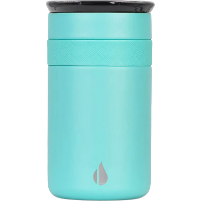 A mint green insulated travel tumbler with a black lid, featuring a textured grip band and a silver water droplet logo near the bottom, set against a plain white background.