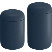 Two matte dark blue cylindrical containers with matching lids, shown on a plain white background.