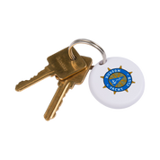 Two keys attached to a keychain with a Hudson Yacht Club logo on a white background