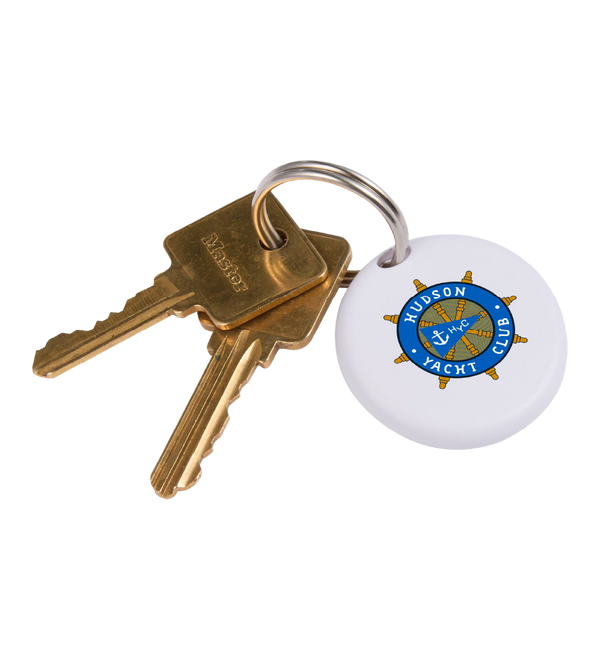 Two keys attached to a keychain with a Hudson Yacht Club logo on a white background