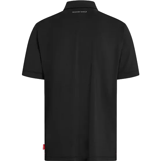 Black short-sleeve polo shirt shown from the back, featuring a white Ghostgolf logo printed inside the collar and a small red tag near the bottom left hem, set against a plain white background.
