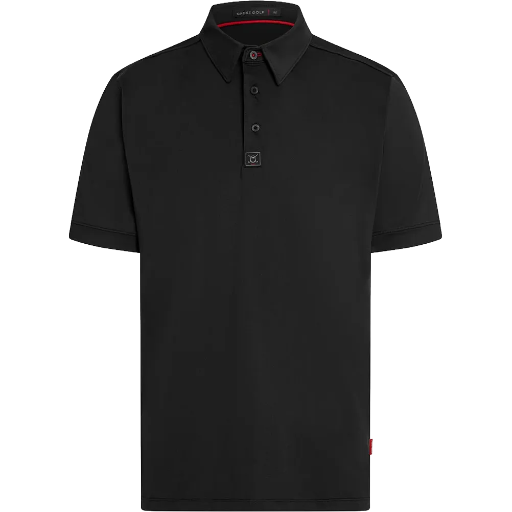A black short-sleeve polo shirt with a three-button placket and a small square logo patch on the chest, displayed on a clean white background.