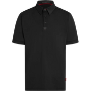 A black short-sleeve polo shirt with a three-button placket and a small square logo patch on the chest, displayed on a clean white background.
