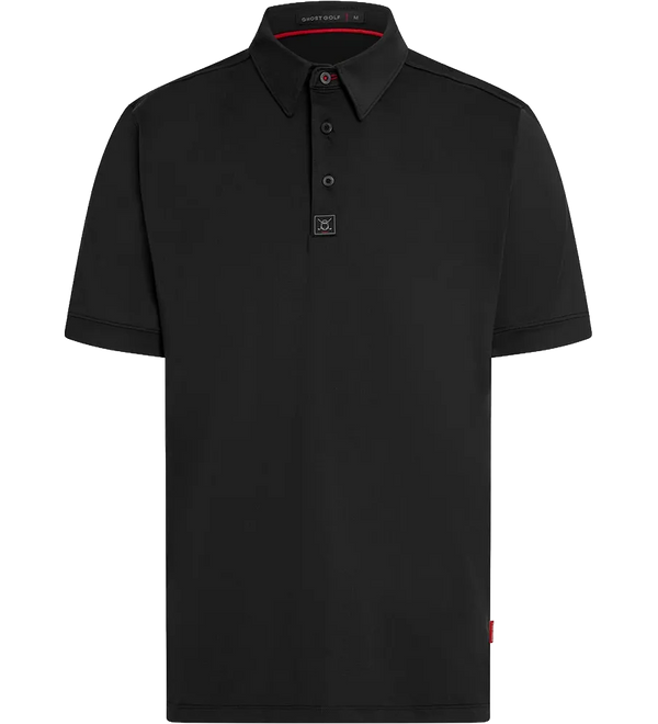 A black short-sleeve polo shirt with a three-button placket and a small square logo patch on the chest, displayed on a clean white background.