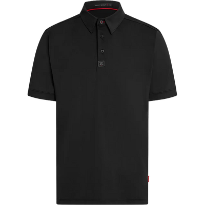 A black short-sleeve polo shirt with a three-button placket and a small square logo patch on the chest, displayed on a clean white background.