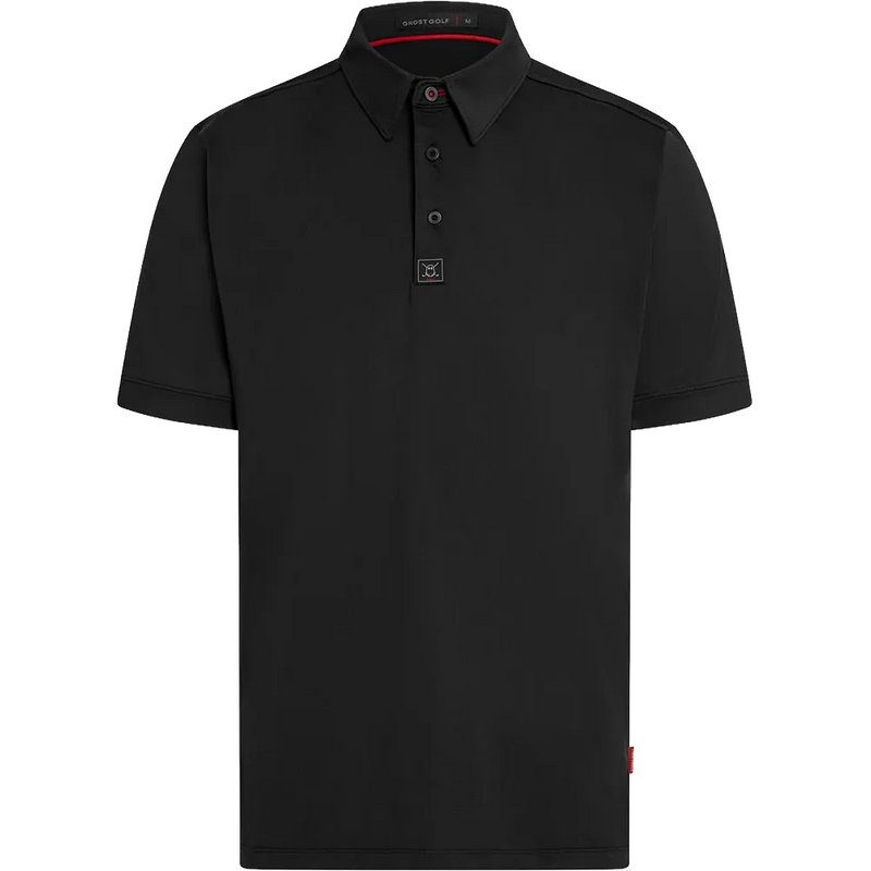 A black short-sleeve polo shirt with a three-button placket and a small square logo patch on the chest, displayed on a clean white background.
