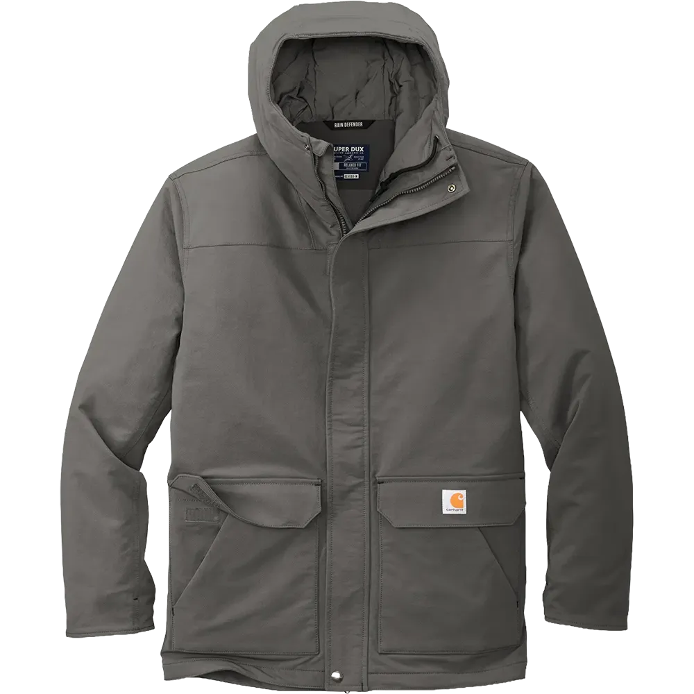 Carhartt Super Dux Insulated Hooded Coat in Gravel featuring a full-zip front, attached hood, flap pockets, and durable insulated construction for custom branded apparel