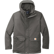 Carhartt Super Dux Insulated Hooded Coat in Gravel featuring a full-zip front, attached hood, flap pockets, and durable insulated construction for custom branded apparel