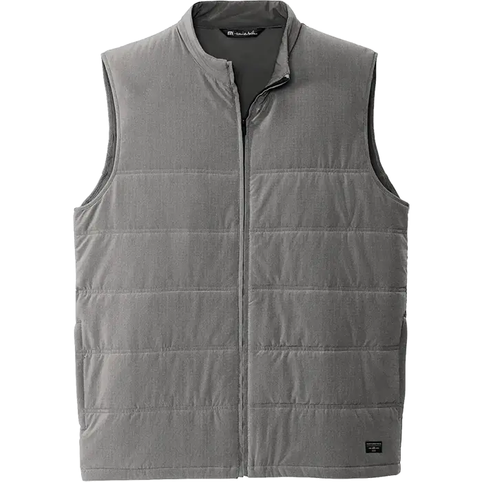 TravisMathew Cold Bay Vest in Gray featuring lightweight quilted insulation, stand collar, and full-zip closure for custom branded apparel