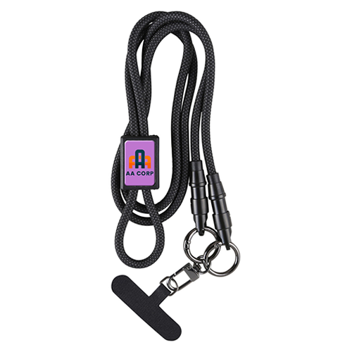 Black lanyard with badge holder and AA Corp logo on a white background