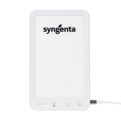White electronic device with Syngenta logo on a white background