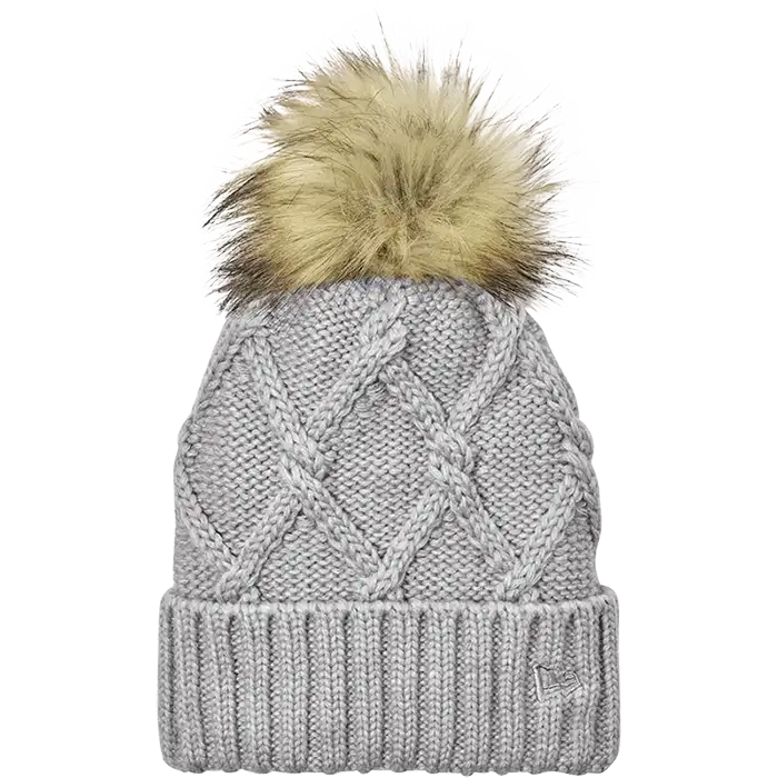 Heather Gray New Era Faux Fur Pom Beanie featuring a cable knit pattern, ribbed cuff, and faux fur pom for custom branded winter apparel