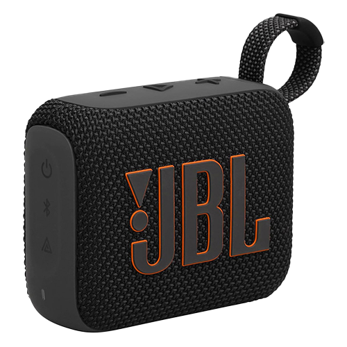 Black JBL portable speaker with a strap on a white background