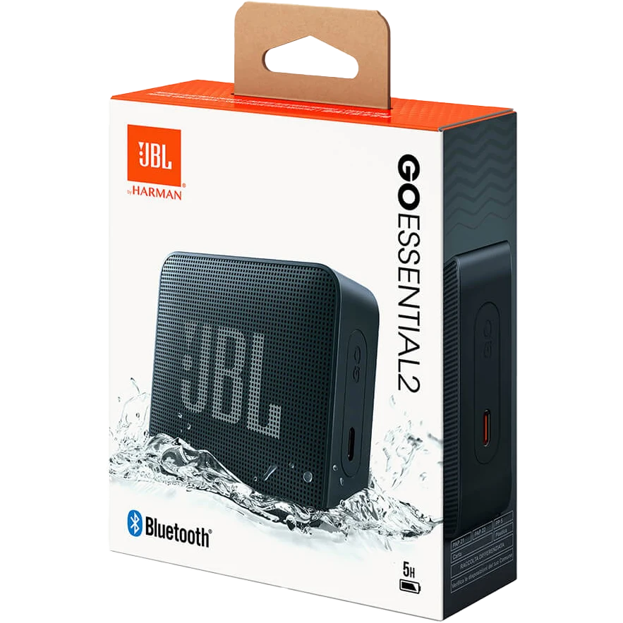 JBL Go Essential 2 packaging with JBL logo and product image on a white background