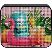 Portable speaker with flamingo and pineapple design on a pink background