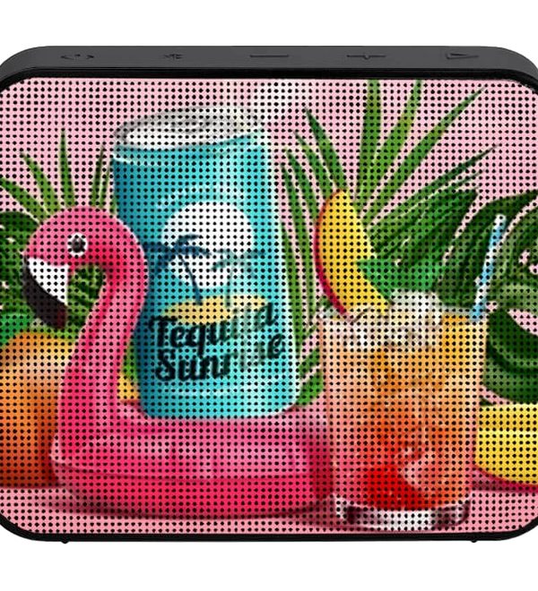 Portable speaker with flamingo and pineapple design on a pink background