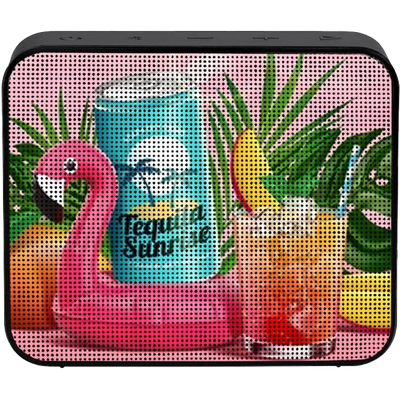Portable speaker with flamingo and pineapple design on a pink background