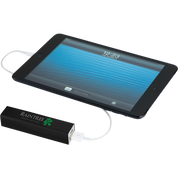 Tablet being charged by a power bank with 'Raintree' branding on a white background
