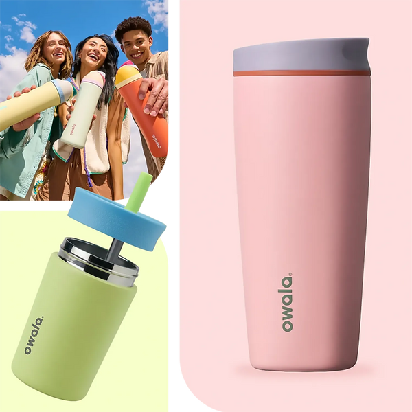 Owala insulated travel tumbler shown in a split collage: a large pink tumbler with a gray lid on the right, a green tumbler with a blue lid and straw on the bottom left, and a lifestyle inset of three people holding colorful tumblers on the left.