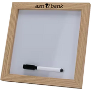 A square whiteboard with a light oak wood frame, featuring the 'asn bank' logo at the top and a black-and-white dry erase marker at the bottom, shown on a plain white background.