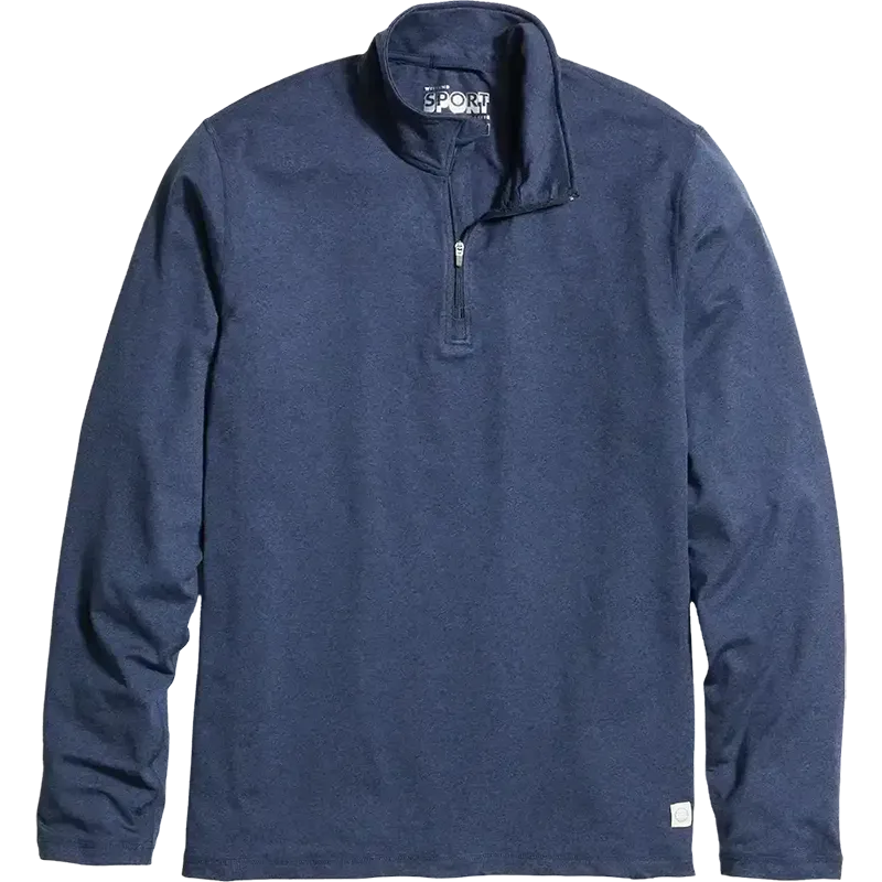 Marine Layer Re-Spun Sport Quarter Zip in Navy featuring soft recycled performance fabric, long sleeves, moisture-wicking comfort, and a quarter-zip mock neck