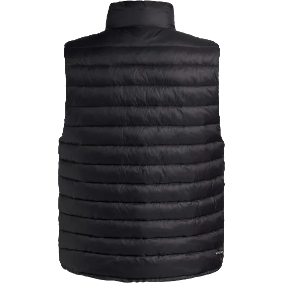 A black puffer vest with horizontal quilting and a high collar, shown from the back against a plain white background.