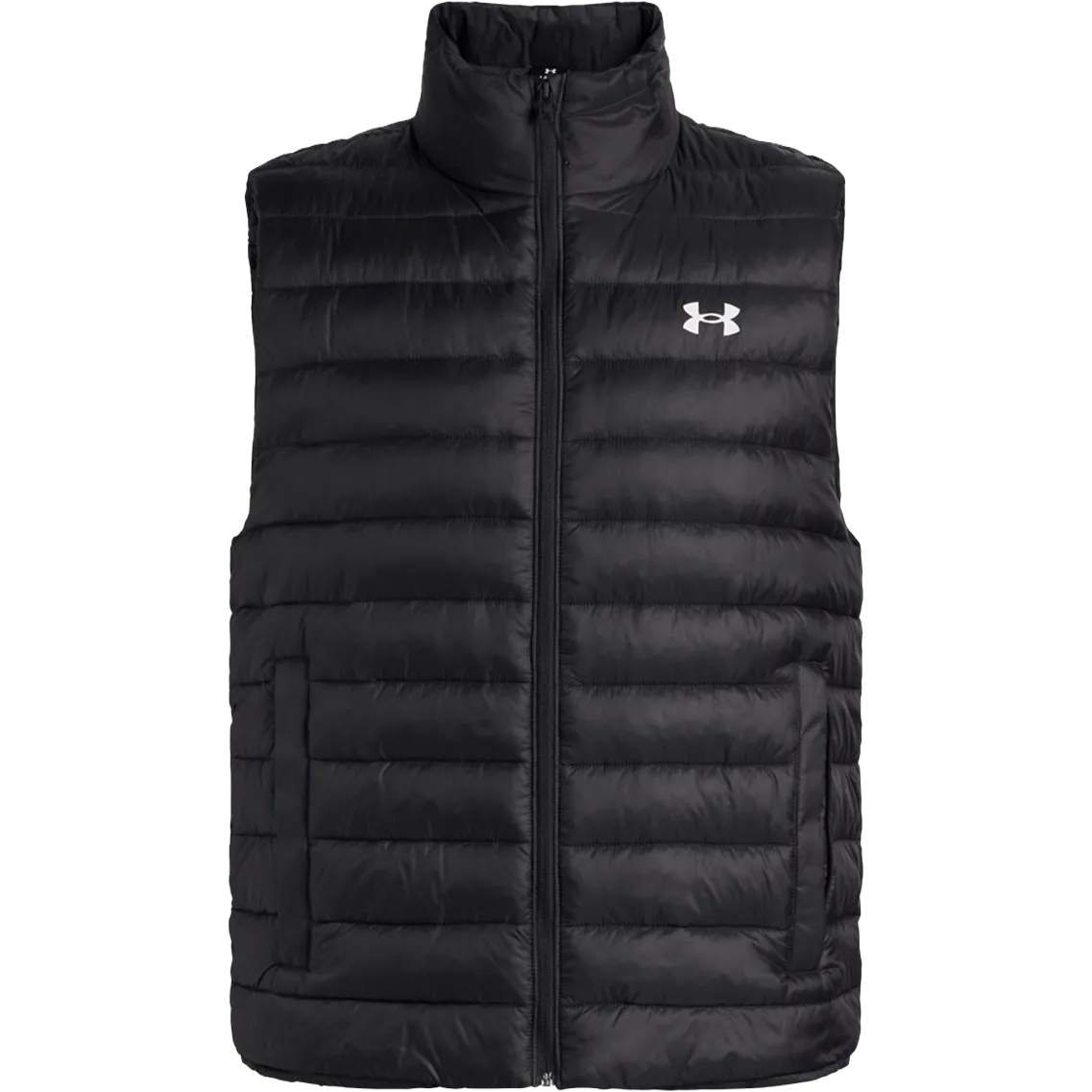 A black Under Armour puffer vest with a high collar, front zipper, and a white logo on the left chest, shown against a plain white background.