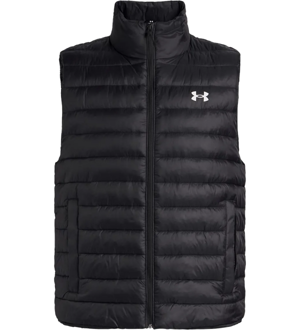 A black Under Armour puffer vest with a high collar, front zipper, and a white logo on the left chest, shown against a plain white background.