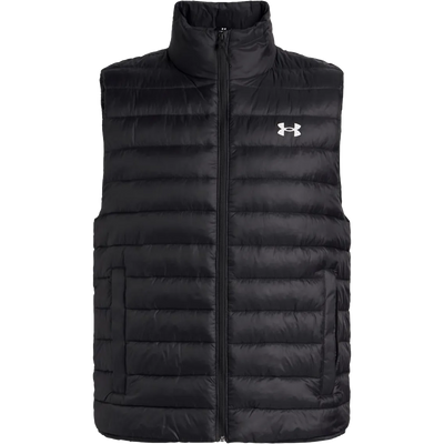 A black Under Armour puffer vest with a high collar, front zipper, and a white logo on the left chest, shown against a plain white background.
