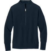 A dark navy blue quarter-zip sweatshirt with a ribbed mock neck, cuffs, and hem, shown against a plain white background.