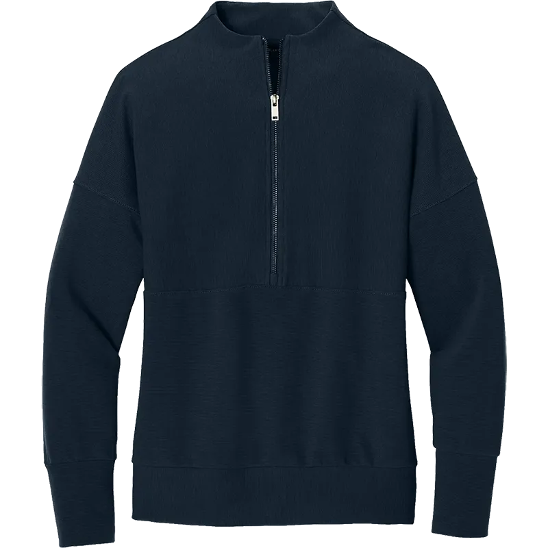 A dark navy blue quarter-zip sweatshirt with a ribbed mock neck, cuffs, and hem, shown against a plain white background.