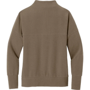 A taupe brown mock neck sweater shown from the back, featuring a ribbed collar, cuffs, and hem, with a horizontal seam across the upper back.