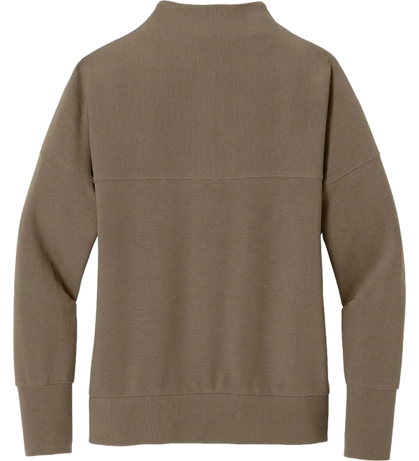 A taupe brown mock neck sweater shown from the back, featuring a ribbed collar, cuffs, and hem, with a horizontal seam across the upper back.