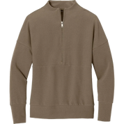 A taupe brown long-sleeve quarter-zip sweatshirt with a mock neck, ribbed cuffs, and a ribbed hem, shown on a plain white background.