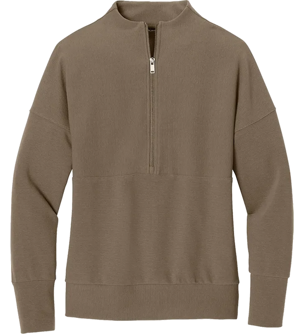 A taupe brown long-sleeve quarter-zip sweatshirt with a mock neck, ribbed cuffs, and a ribbed hem, shown on a plain white background.