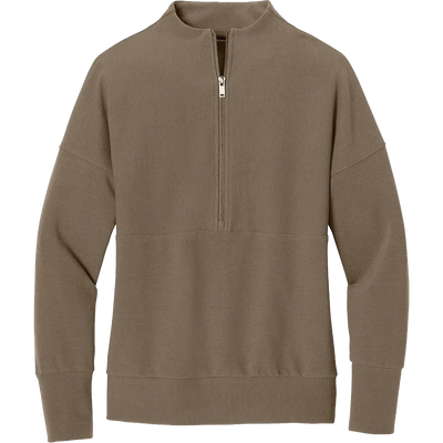 A taupe brown long-sleeve quarter-zip sweatshirt with a mock neck, ribbed cuffs, and a ribbed hem, shown on a plain white background.