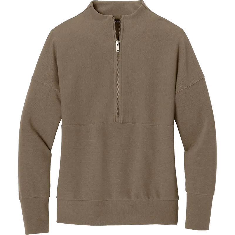 A taupe brown long-sleeve quarter-zip sweatshirt with a mock neck, ribbed cuffs, and a ribbed hem, shown on a plain white background.