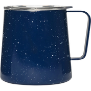 Blue speckled mug with a handle on a white background