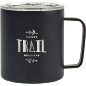 A matte black insulated mug with a clear lid and a black handle, featuring the text 'COFFEE TRAIL ROASTERS' in silver on the front, set against a plain white background.