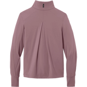 A long-sleeve athletic quarter-zip pullover in a dusty mauve or muted rose color, shown from the back. The garment features a mock neck collar with a small black 'MNR' logo printed inside, a central back seam with a gathered pleat detail, and ribbed cuffs.