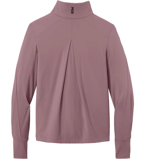 A long-sleeve athletic quarter-zip pullover in a dusty mauve or muted rose color, shown from the back. The garment features a mock neck collar with a small black 'MNR' logo printed inside, a central back seam with a gathered pleat detail, and ribbed cuffs.